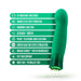 Green curved vibrator with emerald gem base highlighting 10 vibrating functions, deep rumble, warming, waterproof, and rechargeable features.