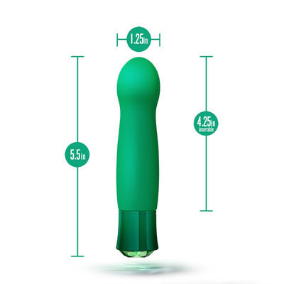 Green Blush Oh My Gem Enchanting vibrator with bulbous tip, 5.5 inches long and 1.25 inches wide, showing size dimensions.