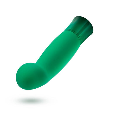 Emerald green curved vibrator with bulbous tip and smooth satin finish by Blush Novelties.