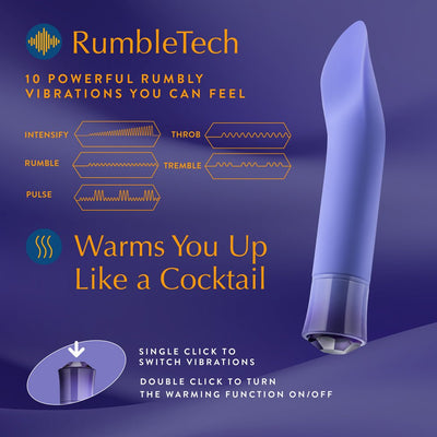 Purple Blush Oh My Gem Enrapture vibrator highlighting 10 rumble vibration modes and warming function with easy control button.