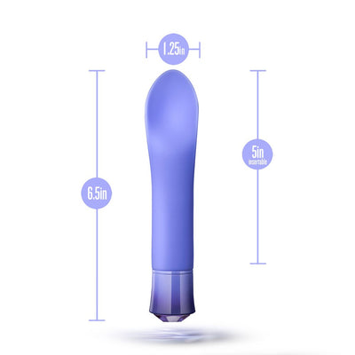 Purple vibrator with smooth curved tip, measuring 6.5 inches long and 1.25 inches wide, with 5 inches insertable length.