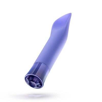 Sleek purple vibrator with angled tip and faceted gem-like base, designed for smooth and comfortable use.
