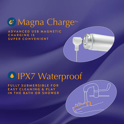 Illustration showing Magna Charge USB magnetic charging and IPX7 waterproof rating for easy cleaning and bath or shower use.