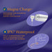 Illustration showing Magna Charge USB magnetic charging and IPX7 waterproof rating for easy cleaning and bath or shower use.