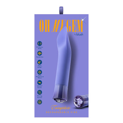 Purple Oh My Gem Enrapture rechargeable vibrator with warming function and smooth silicone finish on lavender packaging.