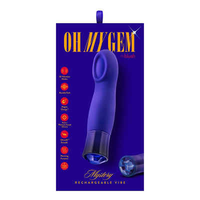 Blush Oh My Gem Mystery Sapphire rechargeable vibrator with cupped design and sapphire gem detail on deep blue packaging.