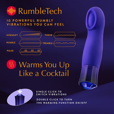 Purple Blush Oh My Gem Mystery Sapphire vibrator with 10 rumble vibration modes and warming function details.