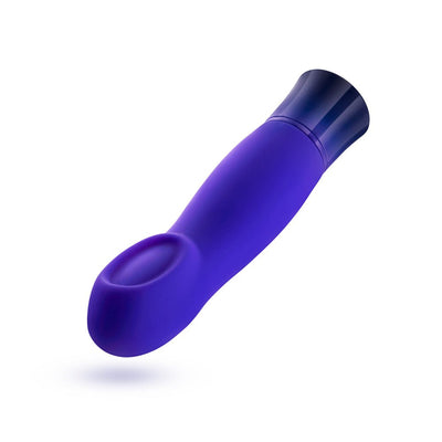 Sleek sapphire blue vibrator with ergonomic cupped design and smooth finish, designed for clitoral and G-spot stimulation.