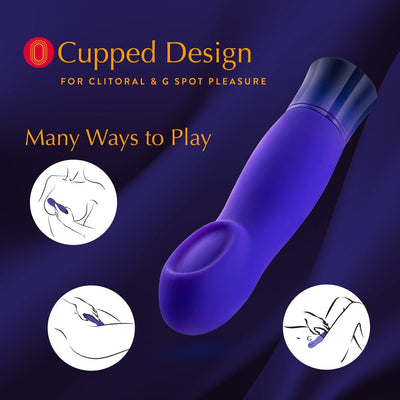 Purple vibrator with cupped tip design for clitoral and G-spot pleasure shown with usage illustrations on dark blue background.
