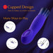 Purple vibrator with cupped tip design for clitoral and G-spot pleasure shown with usage illustrations on dark blue background.