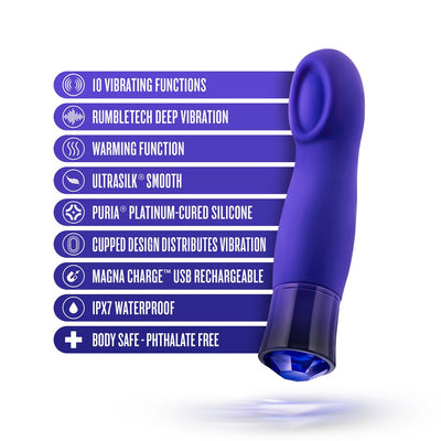 Purple Blush Oh My Gem Mystery Sapphire vibrator with key features listed including 10 vibration modes, warming function, and waterproof design.