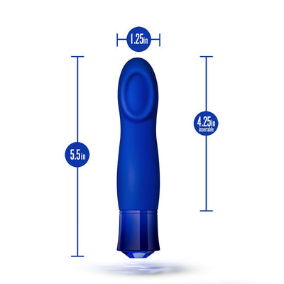 Blue Blush Oh My Gem Mystery Sapphire vibrator with dimensions and insertable length details shown.