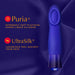 Sapphire blue vibrator with cupped tip on purple silk fabric, highlighting Puria silicone and UltraSilk luxurious texture features.