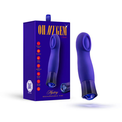 Blush Oh My Gem Mystery Sapphire vibrator in deep blue with packaging, featuring a cupped tip and faceted base design.