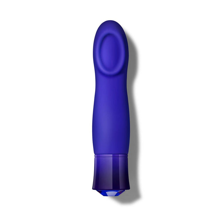 Blue sapphire-colored vibrator with a smooth, curved design and a cupped tip for targeted stimulation.
