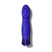 Blue sapphire-colored vibrator with a smooth, curved design and a cupped tip for targeted stimulation.
