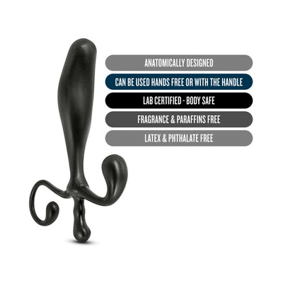 Black anatomically designed prostate massager with handle, highlighting hands-free use, body-safe certification, and hypoallergenic materials.