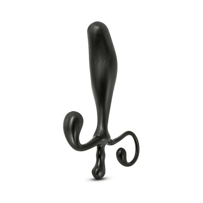 Black ergonomic prostate massager with curved handles and smooth textured surface for targeted stimulation.