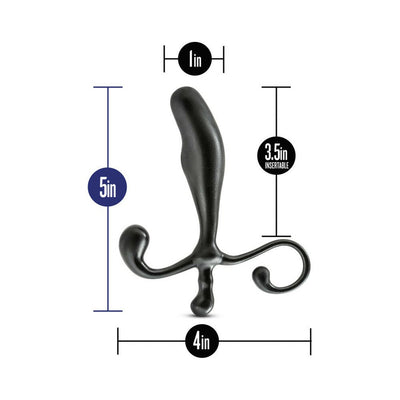 Black prostate massager with curved design and measurements showing 5 inches height, 4 inches width, and 3.5 inches insertable length.