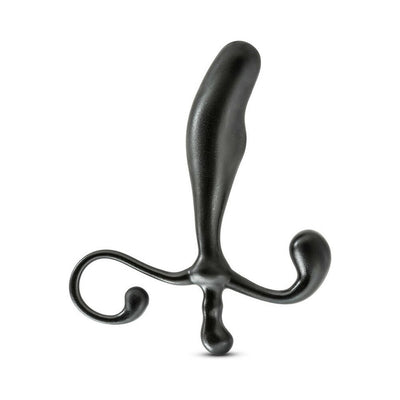 Black ergonomic prostate massager with curved design and flexible handles for targeted stimulation and hands-free use.
