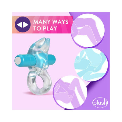 Clear vibrating C-ring with blue bullet and rabbit ears, shown with icons illustrating versatile ways to use it.