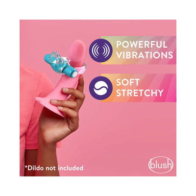 Hand holding a pink Blush Play With Me Bull Vibrating C Ring with blue vibrating bullet, highlighting powerful vibrations and soft stretchy features.