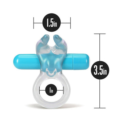 Clear and blue vibrating C-ring with soft rabbit ears, measuring 3.5 by 1.5 inches, with a 1-inch inner ring diameter.