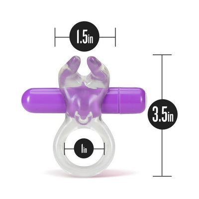 Clear and purple vibrating C-ring with soft rabbit ears, measuring 3.5 by 1.5 inches with a 1-inch ring diameter.