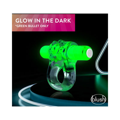 Glow-in-the-dark vibrating C-ring with textured front and removable green bullet for enhanced sensation.
