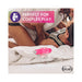 Pink vibrating C-ring with textured design on bed with couple playing in background, labeled perfect for couples play.