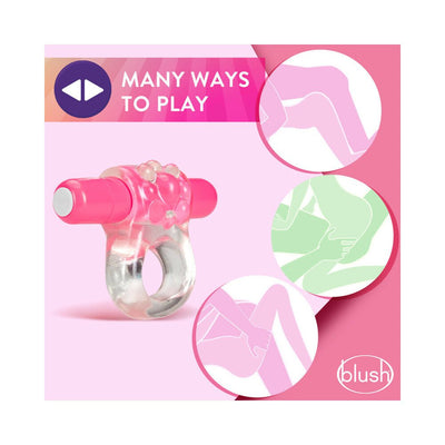 Blush Play with Me Teaser Vibrating C Ring in pink and clear with textured surface and vibrating bullet, shown with usage illustrations.