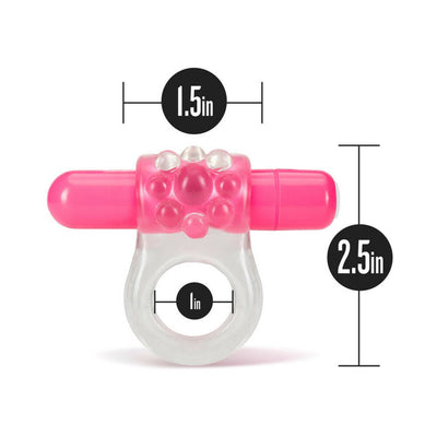 Pink and clear vibrating C-ring with textured front and size measurements displayed on white background.