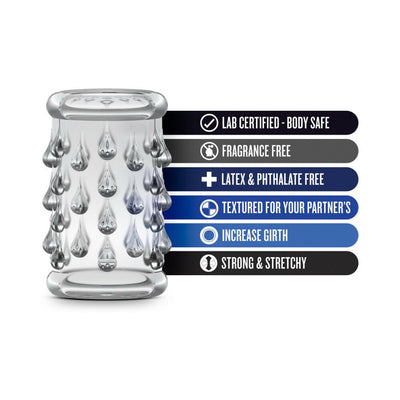 Clear textured cock sleeve with soft ticklers, lab certified body safe, fragrance free, latex and phthalate free, stretchy design.