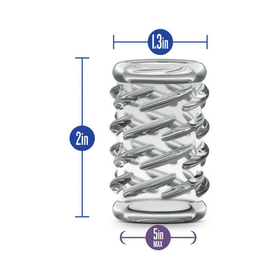 Clear textured cock sleeve with spiral ridges, measuring 2 inches long and 1.3 inches wide, fits up to 5 inches in length.