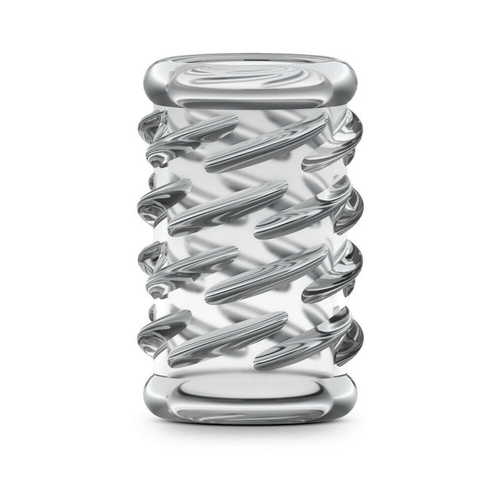 Clear textured soft silicone cock sleeve with spiral ridges for enhanced sensation.