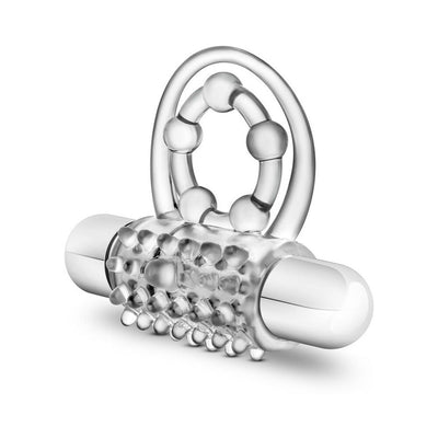 Clear textured vibrating cock ring with dual support loops and removable bullet vibrator.