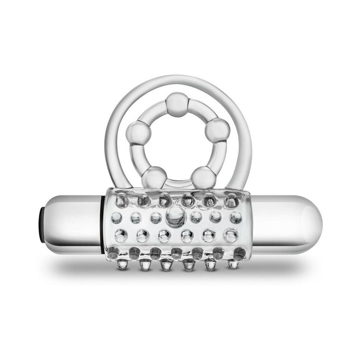 Clear textured vibrating cock ring with dual support rings and removable bullet vibrator.