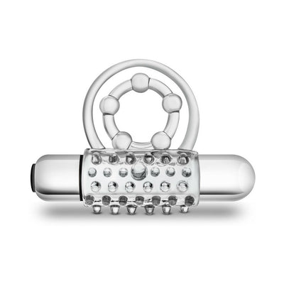 Clear textured vibrating cock ring with dual support rings and removable bullet vibrator.