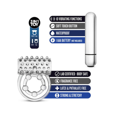 Clear vibrating cock ring with textured sleeve and bullet, featuring 10 vibration modes, waterproof, and body-safe materials.