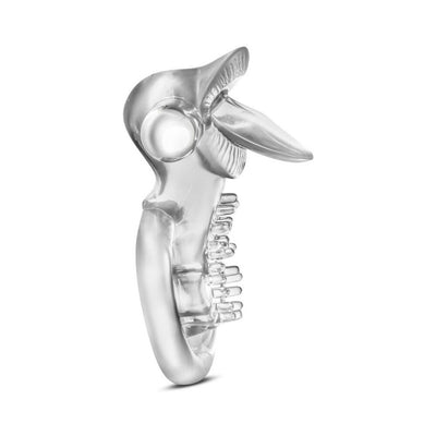 Clear vibrating tongue ring with textured clitoral stimulator and flexible ring design for enhanced pleasure and support.