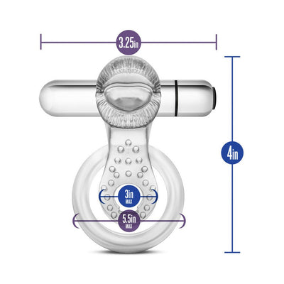 Clear vibrating tongue ring with textured surface and bullet vibrator, shown with size dimensions in inches.