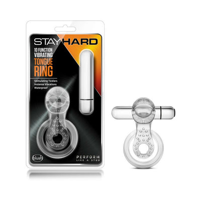Blush Stay Hard clear vibrating tongue ring with textured stimulator and removable bullet vibrator in packaging and outside view.