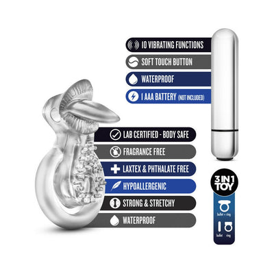 Clear vibrating tongue ring with textured surface and separate white bullet vibrator, highlighting 10 functions and waterproof design.