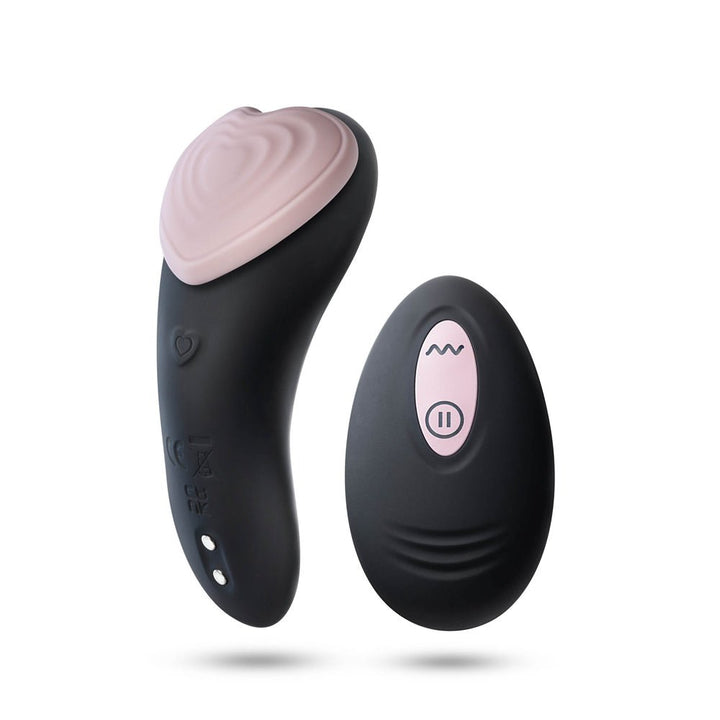 Blush Temptasia Heartbeat Panty Vibe in black and pink with matching wireless remote control on white background
