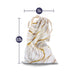 White cotton drawstring toy bag with gold abstract lines, measuring 7.5 by 12.25 inches, soft and lint-free fabric.