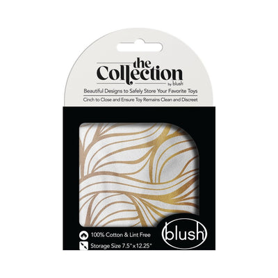 Blush The Collection Embrace Toy Bag in white with gold and brown abstract leaf design, packaged in black and white box.
