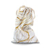 White cotton drawstring bag with gold abstract line design, soft texture, and natural cotton ties for secure closure.
