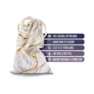 White cotton drawstring toy bag with gold abstract lines, soft lint-free fabric, and extra-large size 12.25 x 7.5 inches.