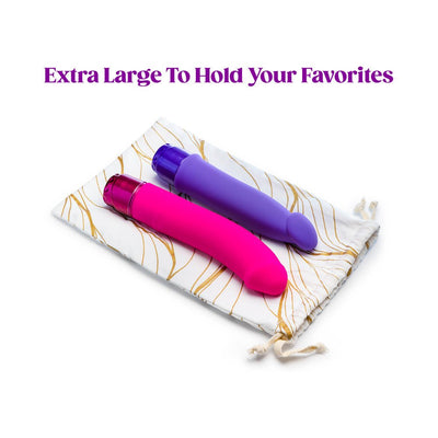 Blush The Collection Embrace Toy Bag with gold leaf design holding two large silicone vibrators in pink and purple.