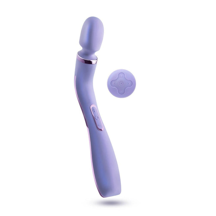 Lavender ergonomic massage wand with curved handle and matching remote control for customizable vibration settings.